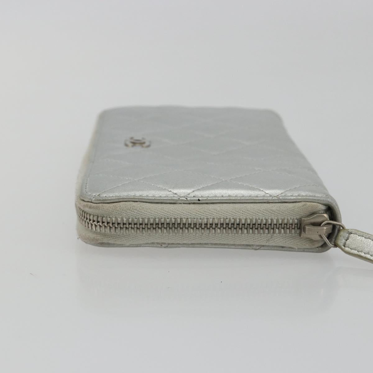 CHANEL Matelasse Long Wallet Lamb Skin Silver CC Auth 193392A