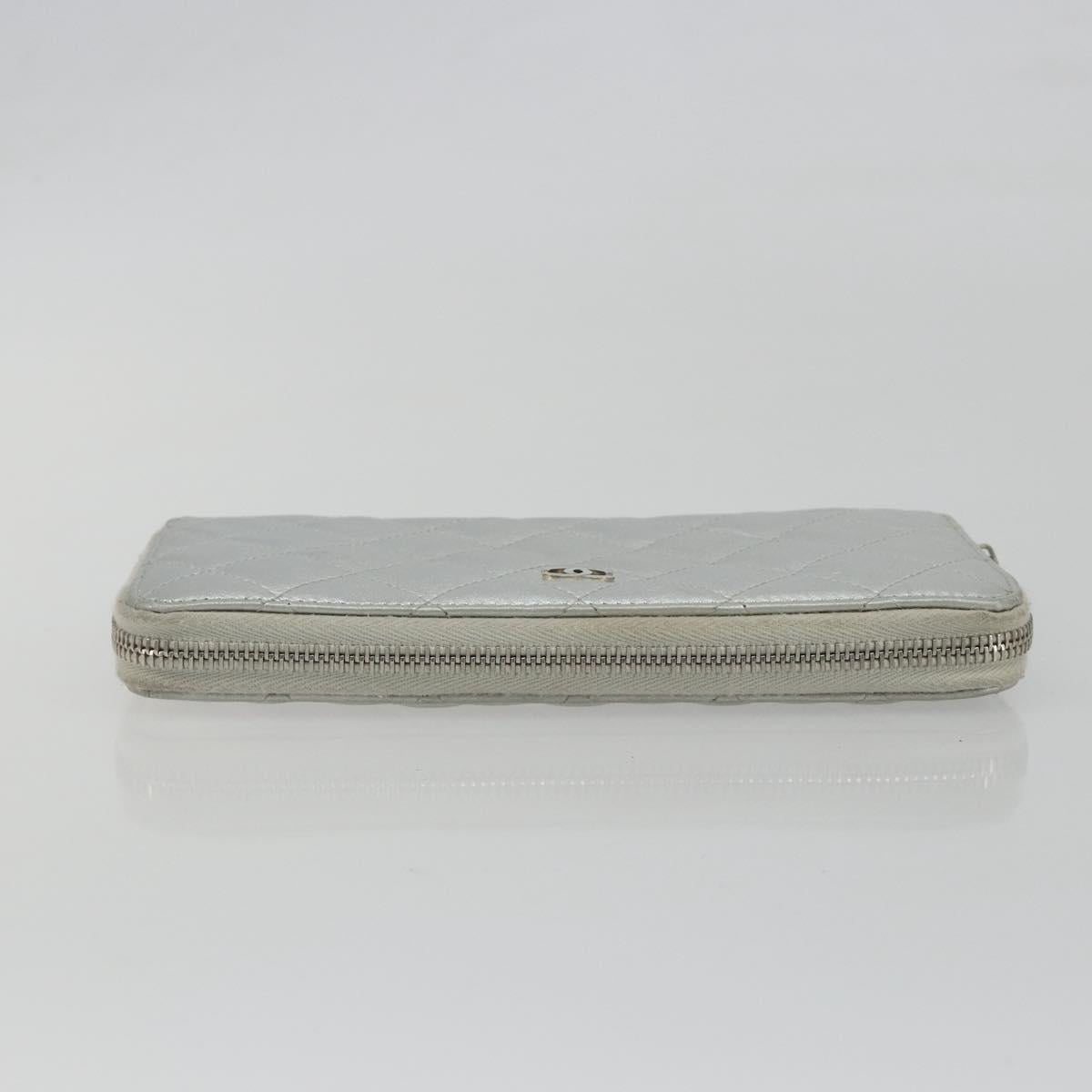 CHANEL Matelasse Long Wallet Lamb Skin Silver CC Auth 193392A