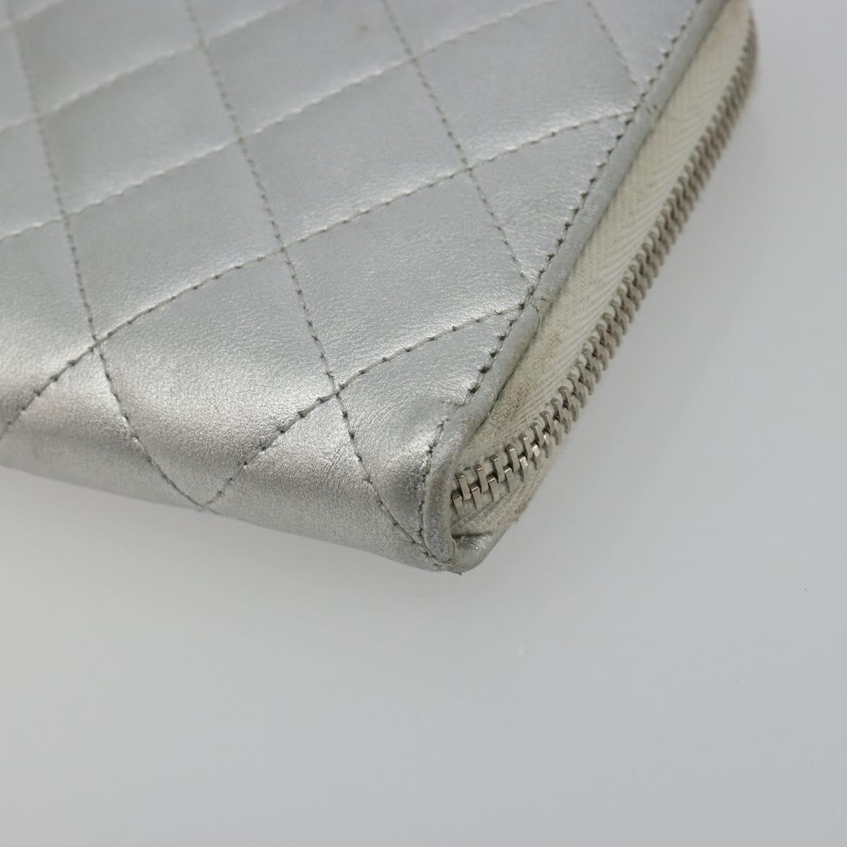CHANEL Matelasse Long Wallet Lamb Skin Silver CC Auth 193392A
