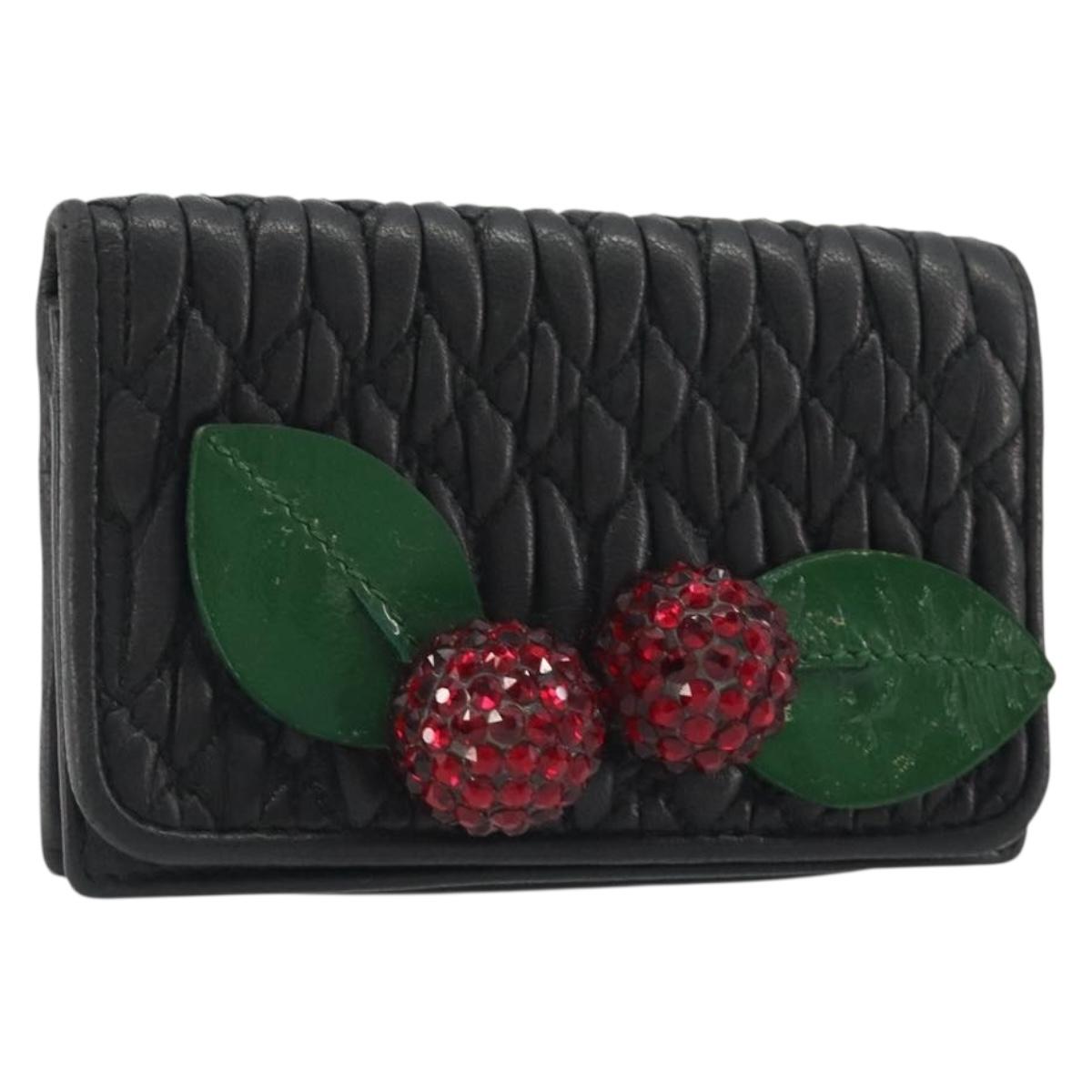 Miu Miu Matelasse Card Case Leather Black Silver Auth 193398A