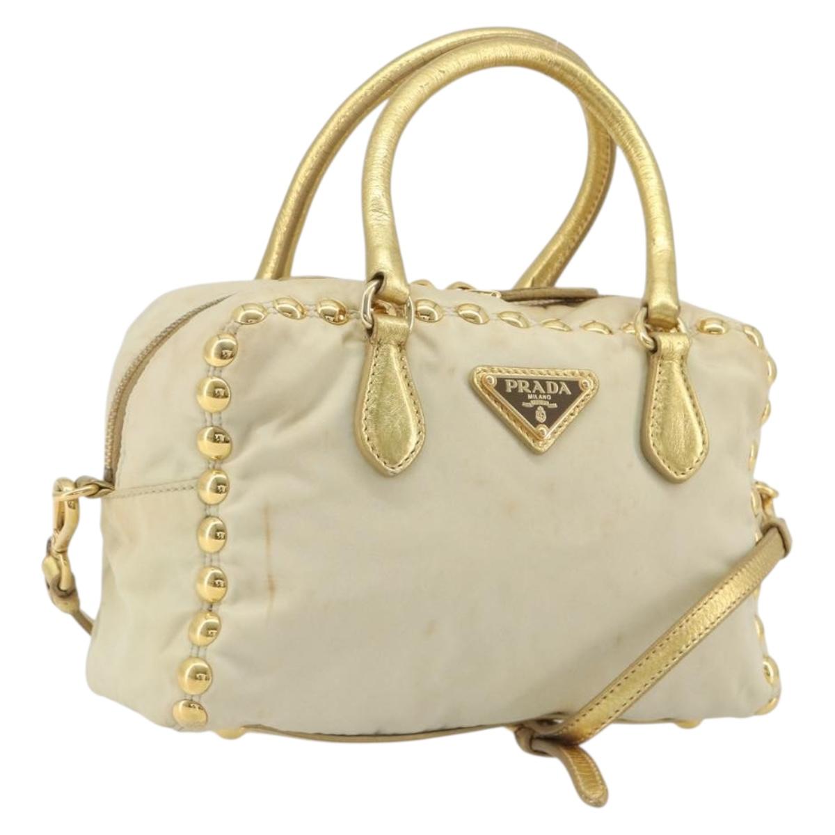 PRADA Shoulder Bag Nylon 2way Beige Gold Auth 193402A