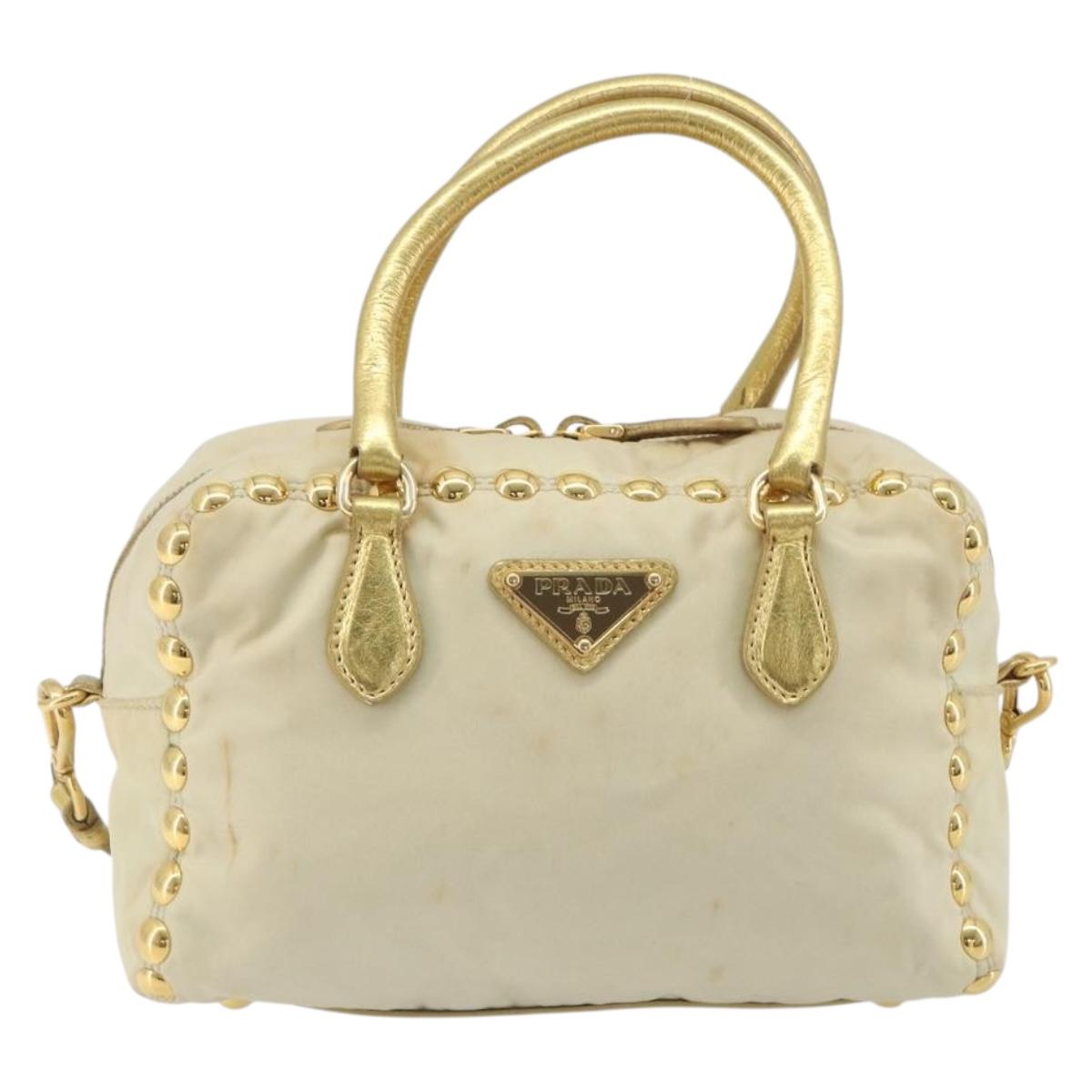 PRADA Shoulder Bag Nylon 2way Beige Gold Auth 193402A