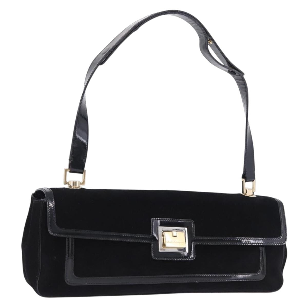 Salvatore Ferragamo Shoulder Bag Suede Black Gold Auth 193403A