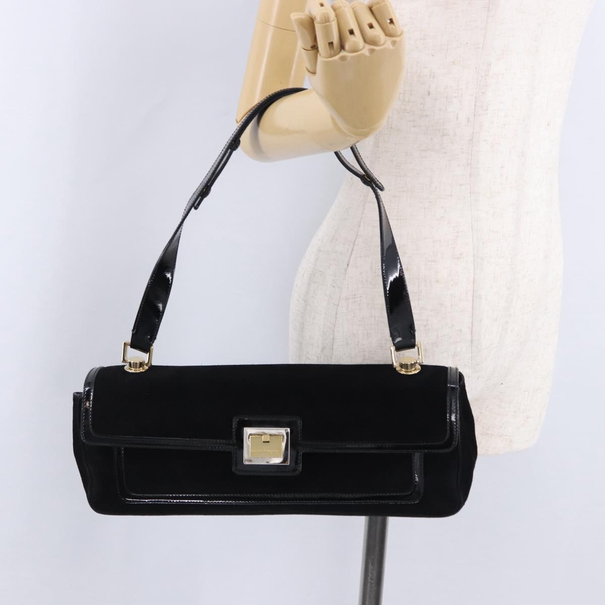 Salvatore Ferragamo Shoulder Bag Suede Black Gold Auth 193403A