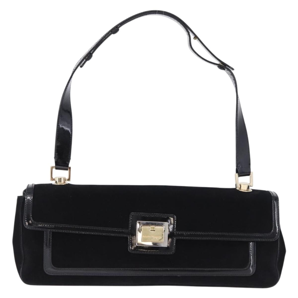 Salvatore Ferragamo Shoulder Bag Suede Black Gold Auth 193403A