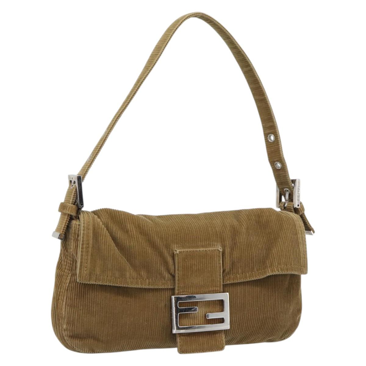 FENDI Mamma Baguette Shoulder Bag Corduroy Beige Silver Auth 193421V