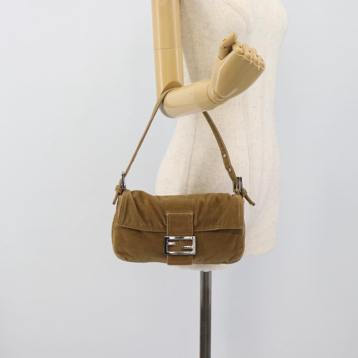FENDI Mamma Baguette Shoulder Bag Corduroy Beige Silver Auth 193421V