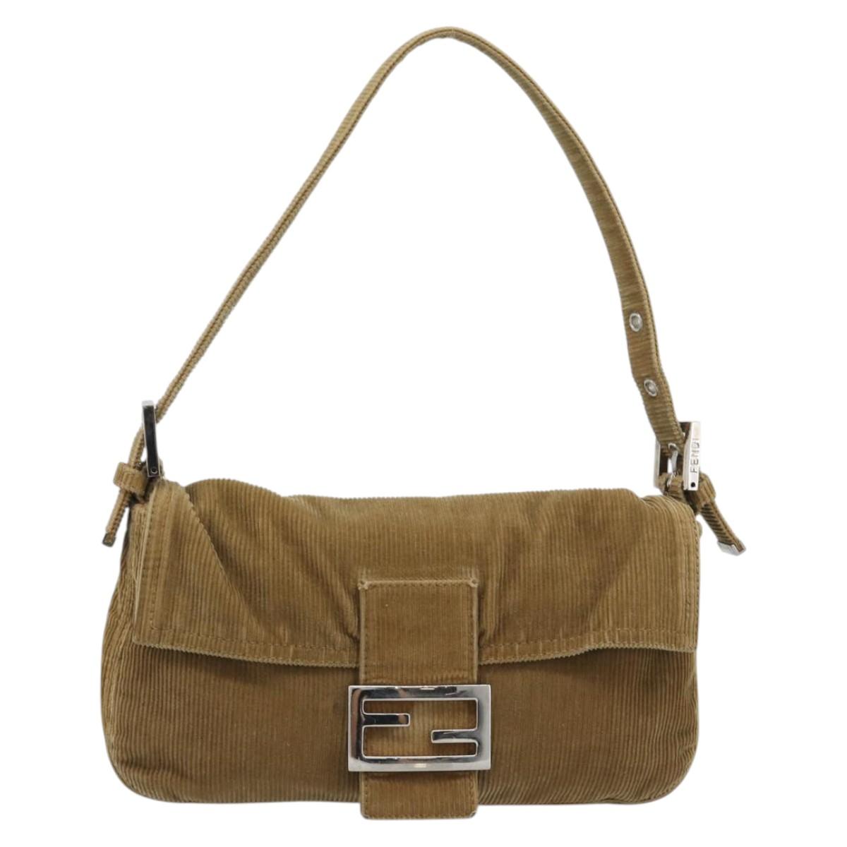 FENDI Mamma Baguette Shoulder Bag Corduroy Beige Silver Auth 193421V