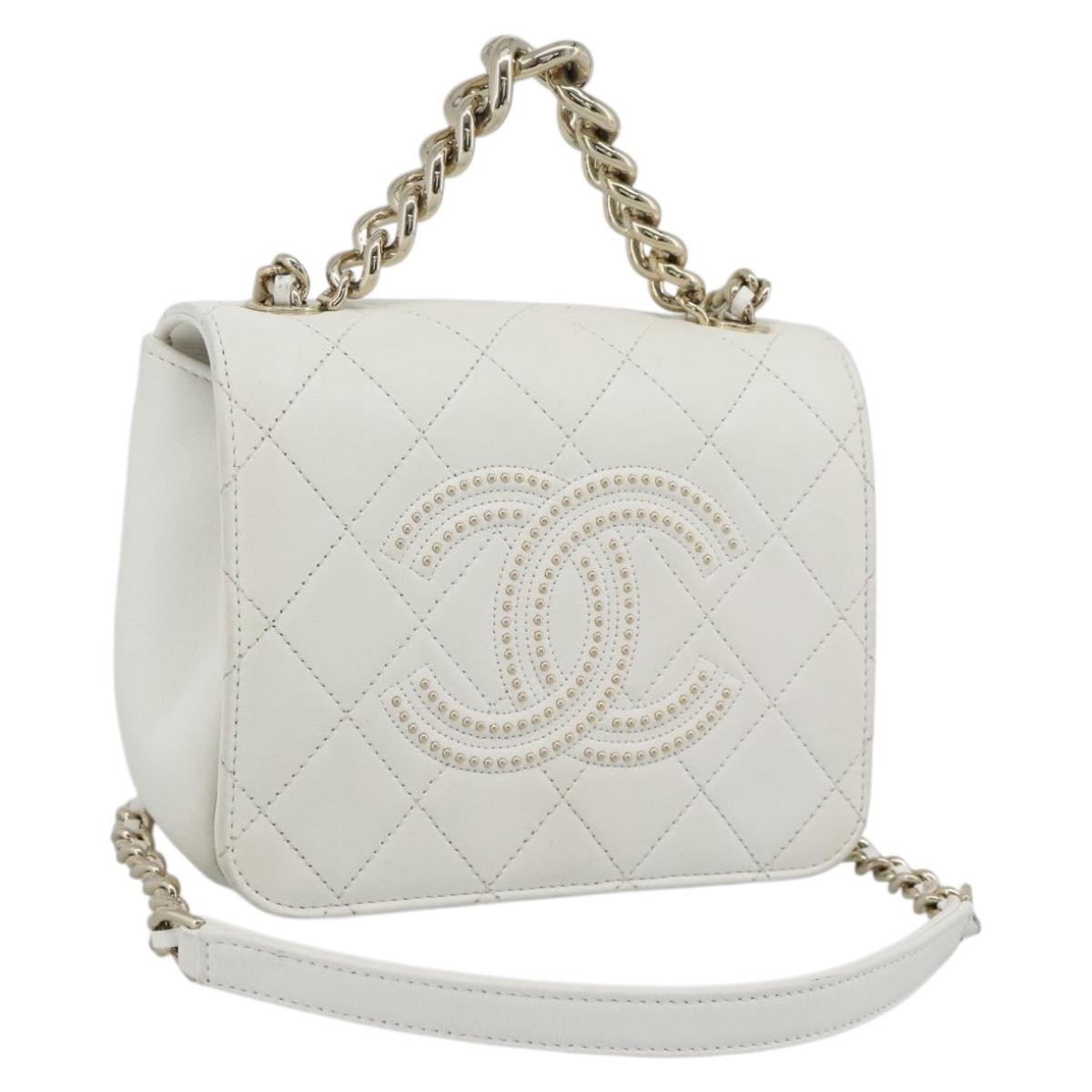 CHANEL Matelasse Chain Shoulder Bag Lamb Skin 2way White Gold CC Auth 193425SAM