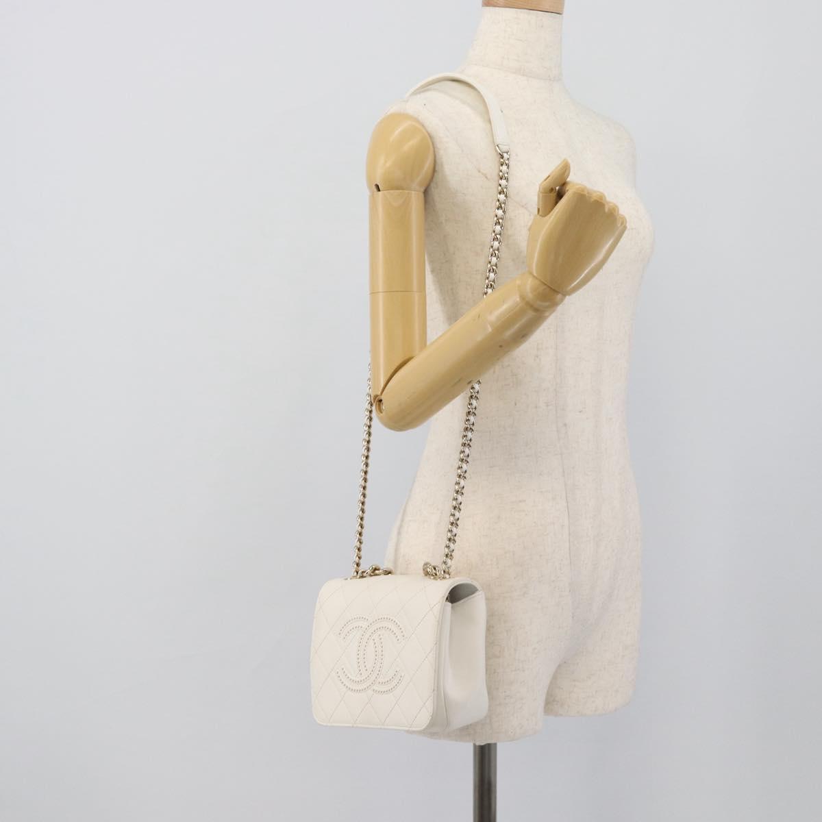CHANEL Matelasse Chain Shoulder Bag Lamb Skin 2way White Gold CC Auth 193425SAM