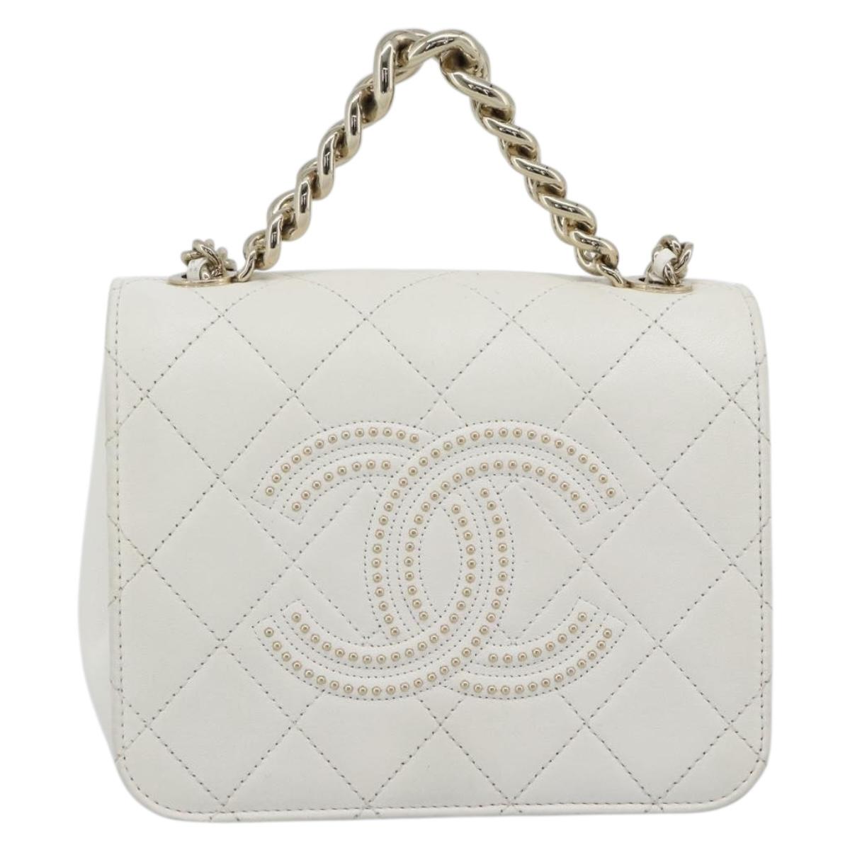 CHANEL Matelasse Chain Shoulder Bag Lamb Skin 2way White Gold CC Auth 193425SAM