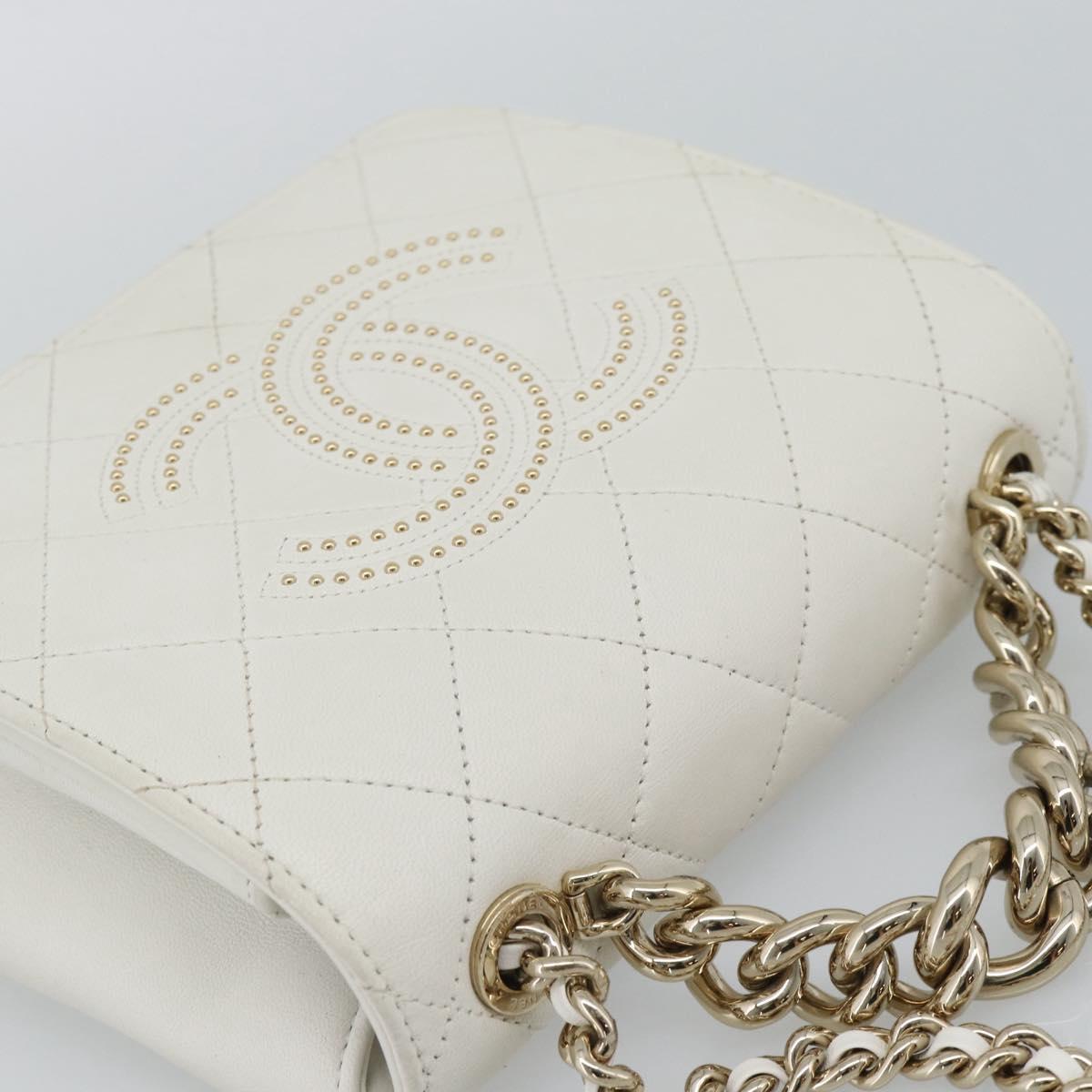 CHANEL Matelasse Chain Shoulder Bag Lamb Skin 2way White Gold CC Auth 193425SAM
