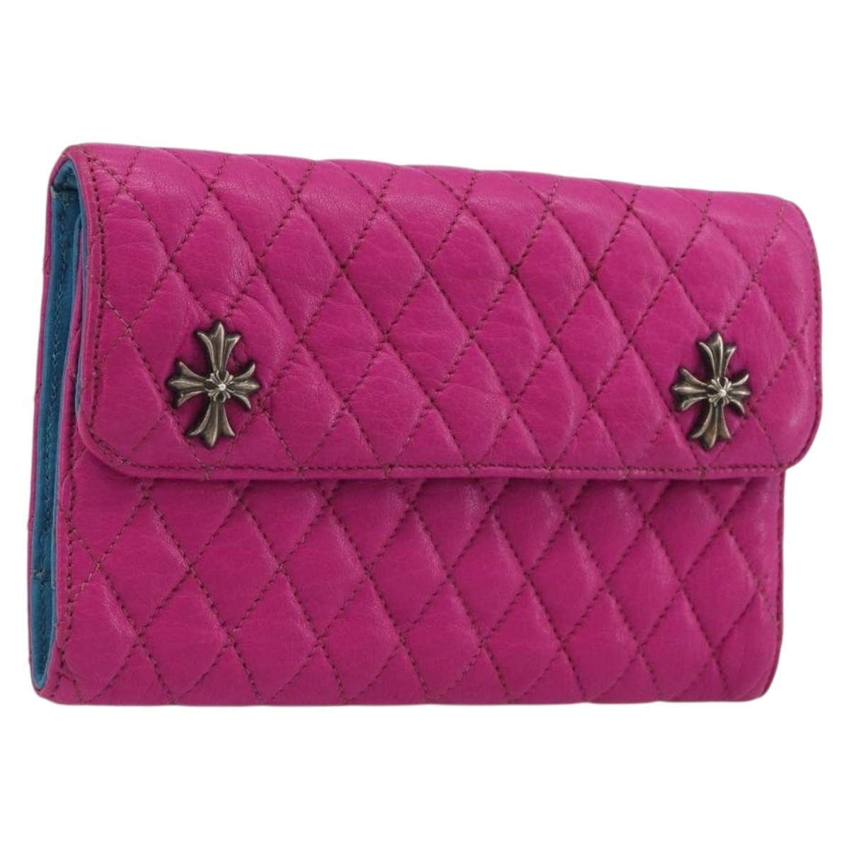 Chrome Hearts Wave 4 3-Snap Quilted Long Wallet Leather Pink Auth 193426SM
