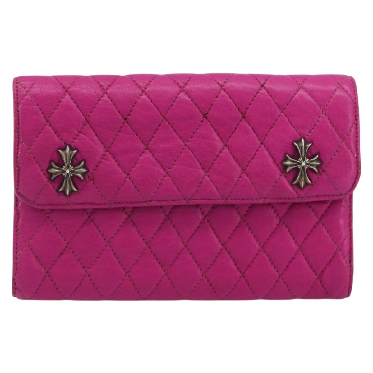 Chrome Hearts Wave 4 3-Snap Quilted Long Wallet Leather Pink Auth 193426SM