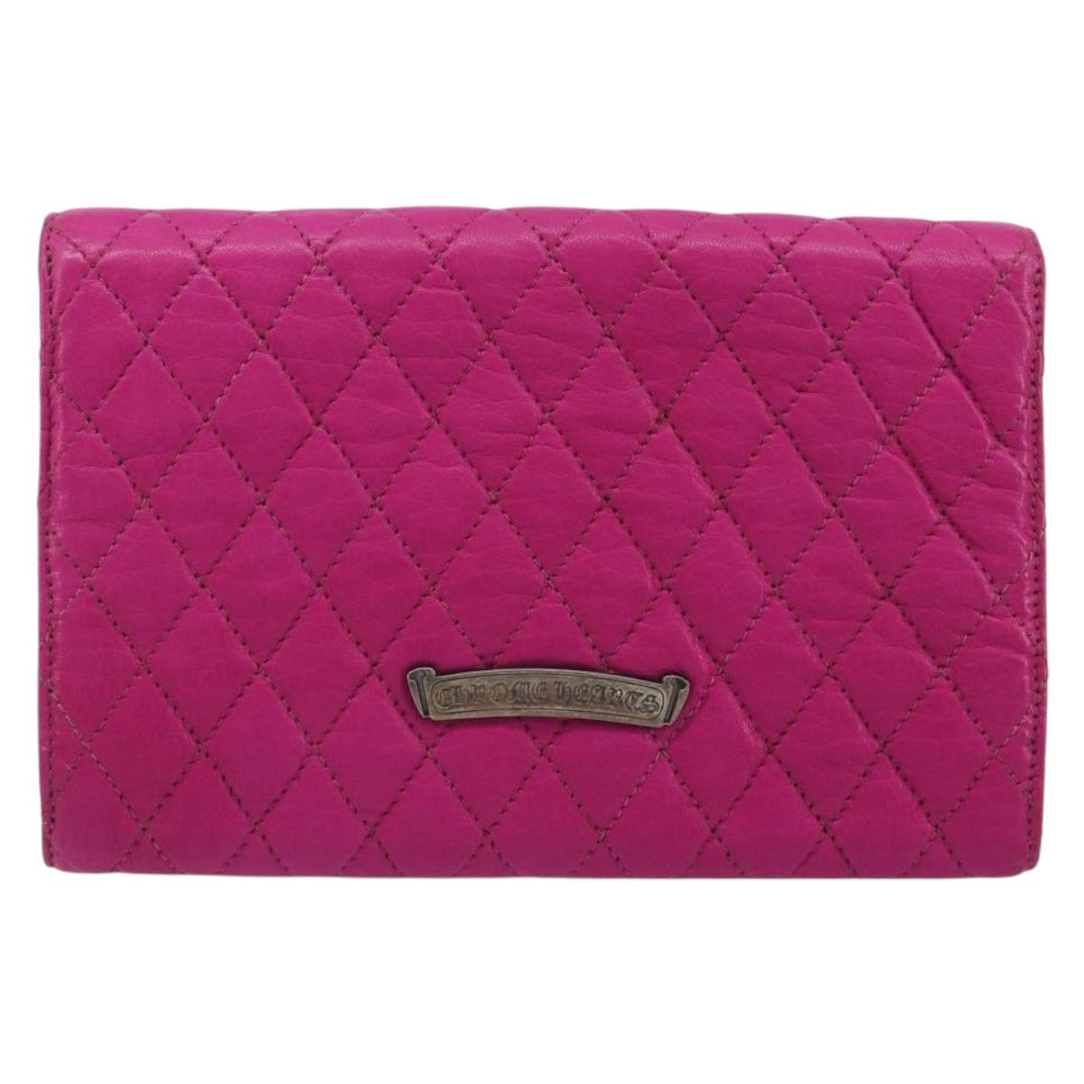 Chrome Hearts Wave 4 3-Snap Quilted Long Wallet Leather Pink Auth 193426SM