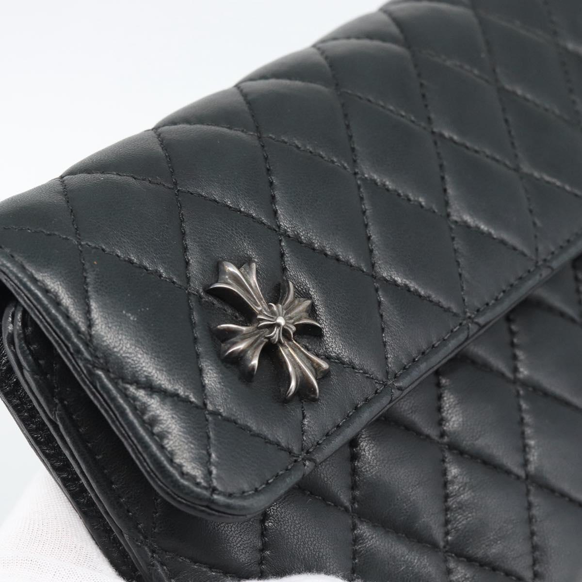 Chrome Hearts Wave4 3-Snap Quilted Long Wallet Leather Black Auth 193427SM