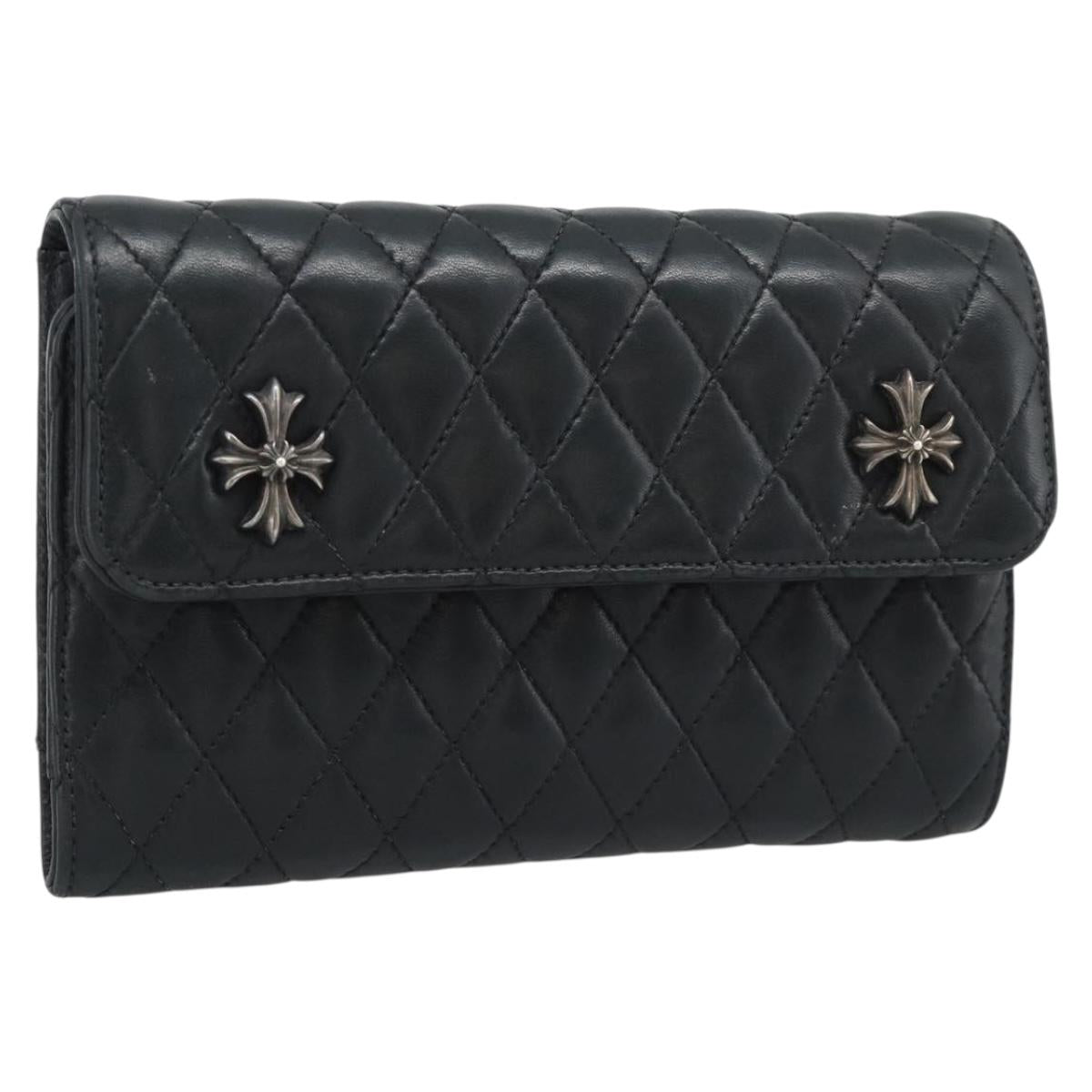 Chrome Hearts Wave4 3-Snap Quilted Long Wallet Leather Black Auth 193427SM