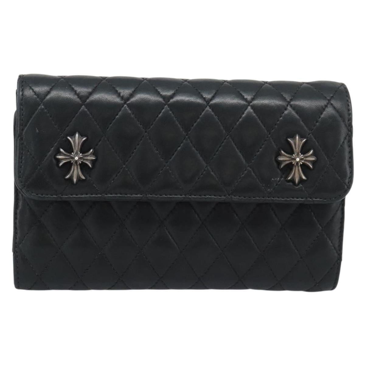 Chrome Hearts Wave4 3-Snap Quilted Long Wallet Leather Black Auth 193427SM