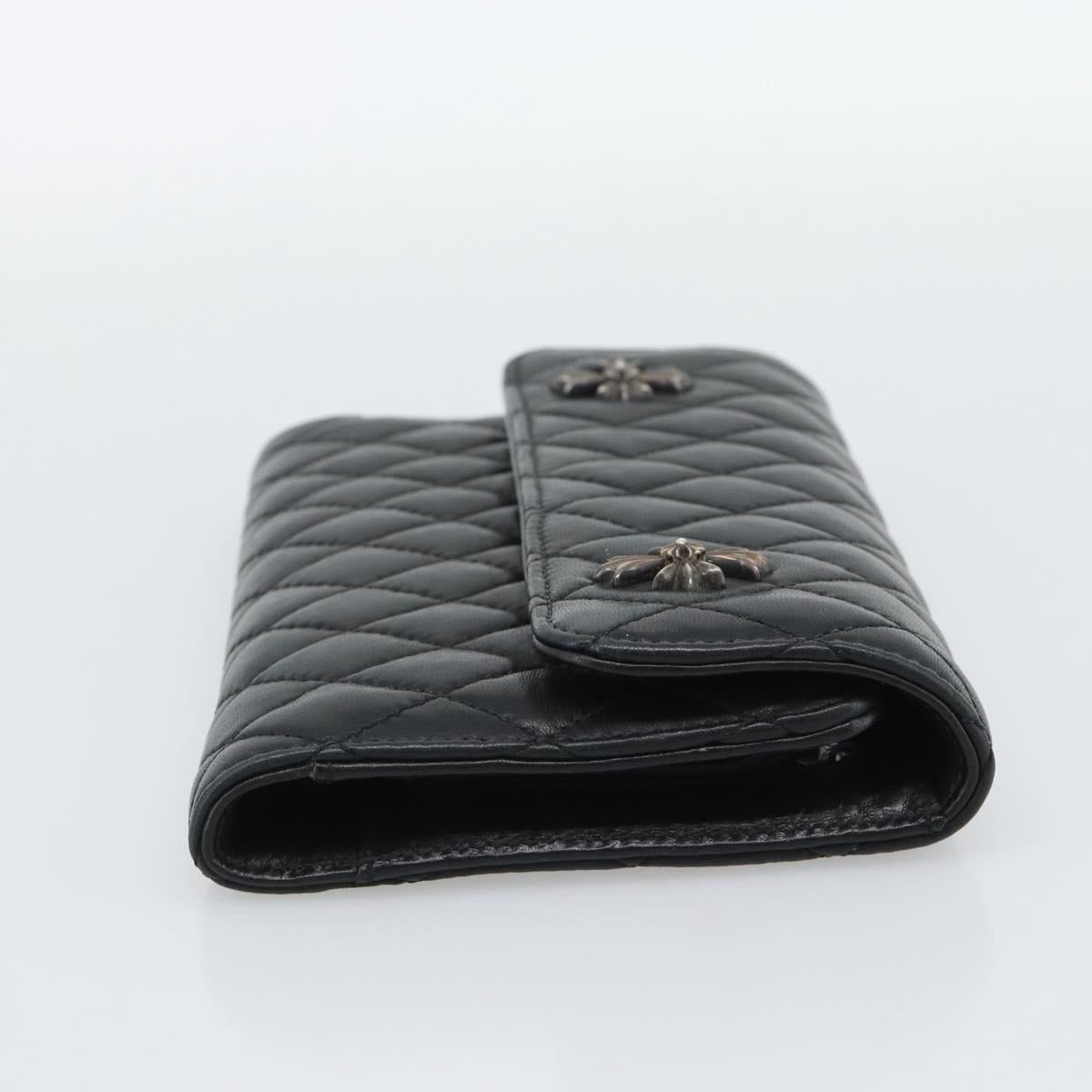 Chrome Hearts Wave4 3-Snap Quilted Long Wallet Leather Black Auth 193427SM