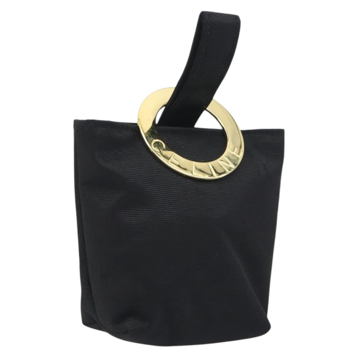 CELINE Circle Pouch Canvas Black Gold Tone Auth 193429A