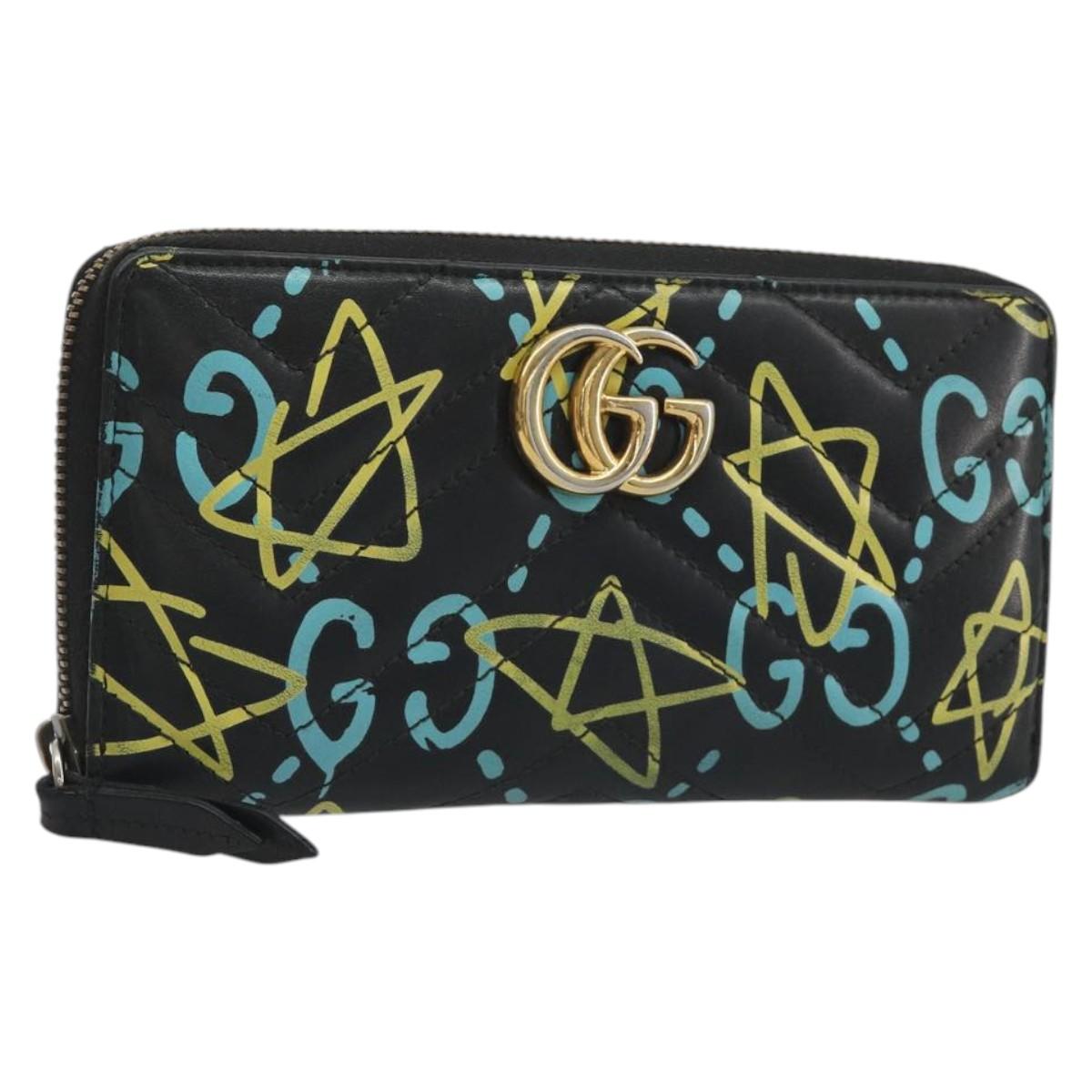 GUCCI GG Marmont Ghost Long Wallet Leather Black Gold 448087 Auth 193436A