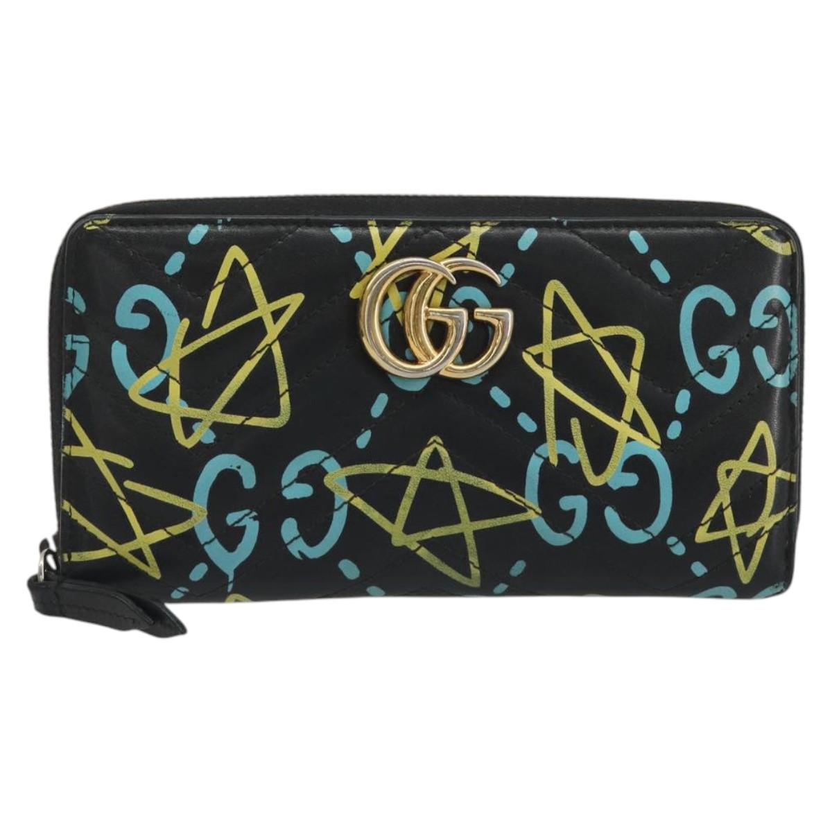 GUCCI GG Marmont Ghost Long Wallet Leather Black Gold 448087 Auth 193436A