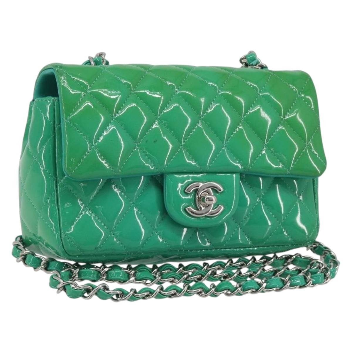 CHANEL Chain Matelasse 20 Bag Patent Leather Green Silver CC Auth 193442A