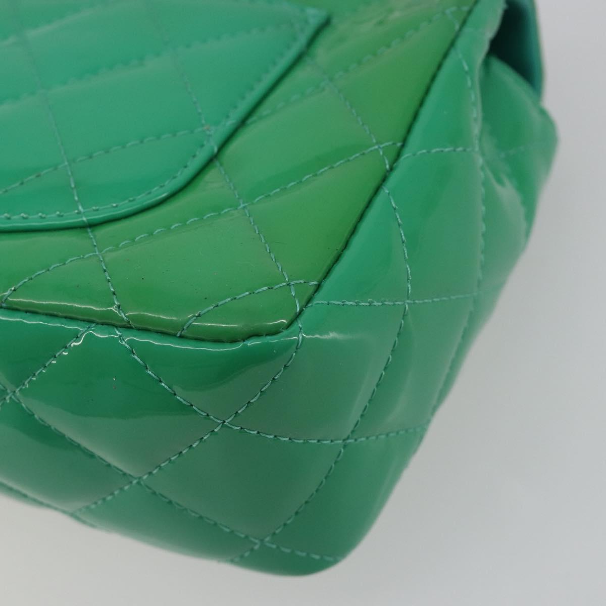 CHANEL Chain Matelasse 20 Bag Patent Leather Green Silver CC Auth 193442A