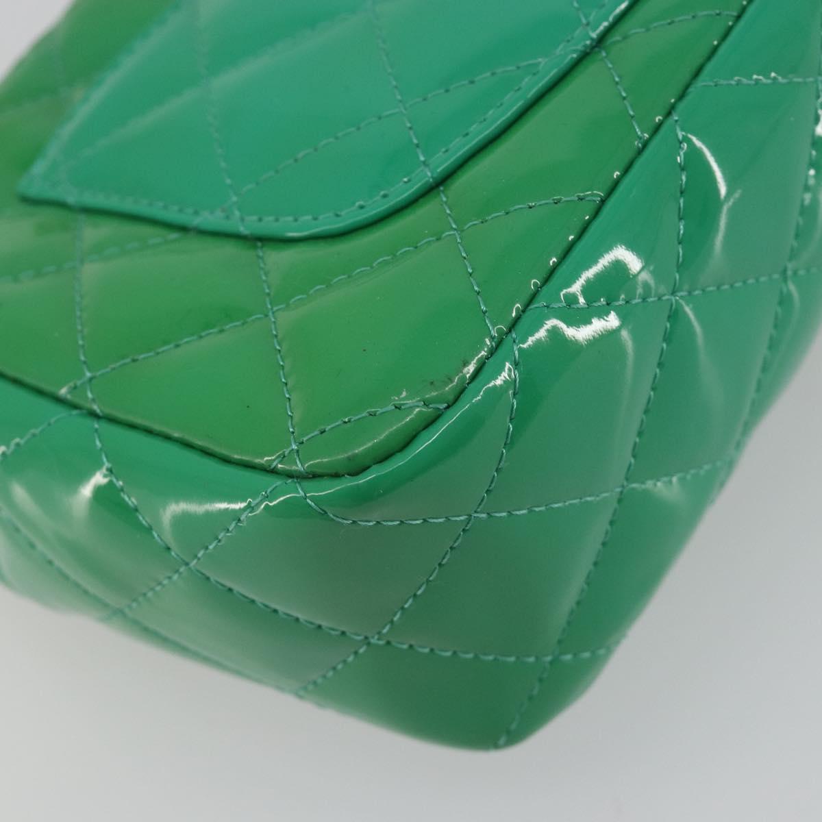 CHANEL Chain Matelasse 20 Bag Patent Leather Green Silver CC Auth 193442A