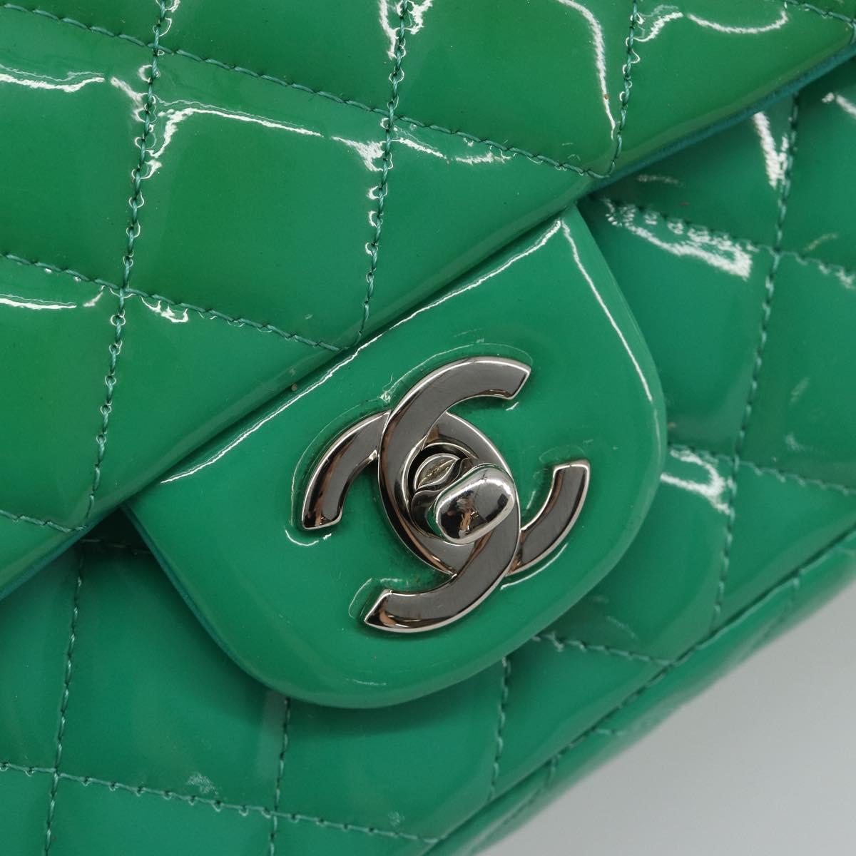 CHANEL Chain Matelasse 20 Bag Patent Leather Green Silver CC Auth 193442A