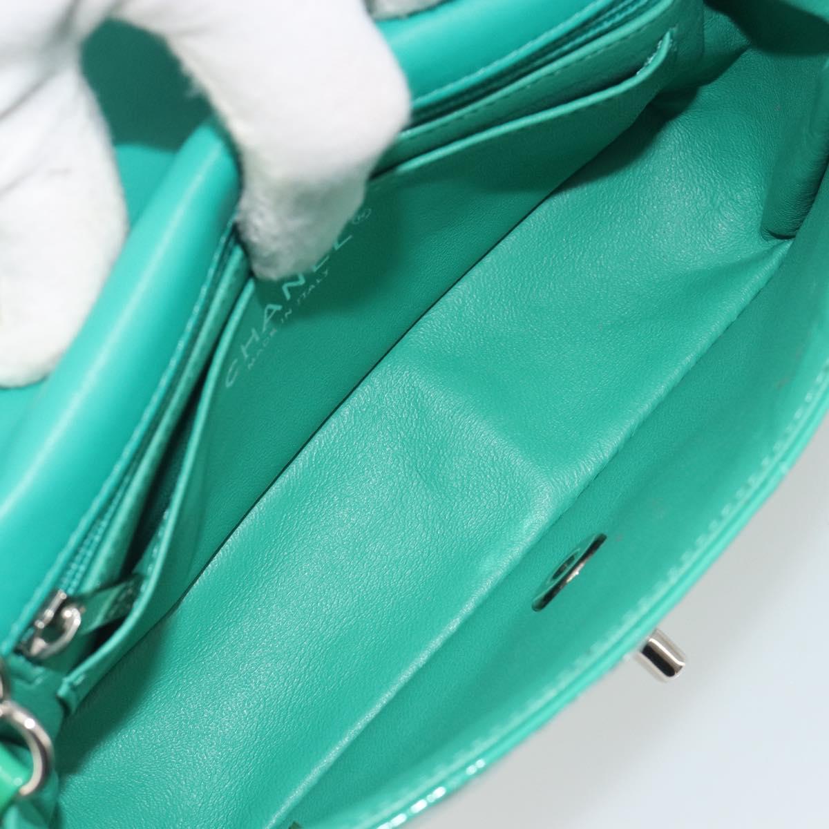CHANEL Chain Matelasse 20 Bag Patent Leather Green Silver CC Auth 193442A