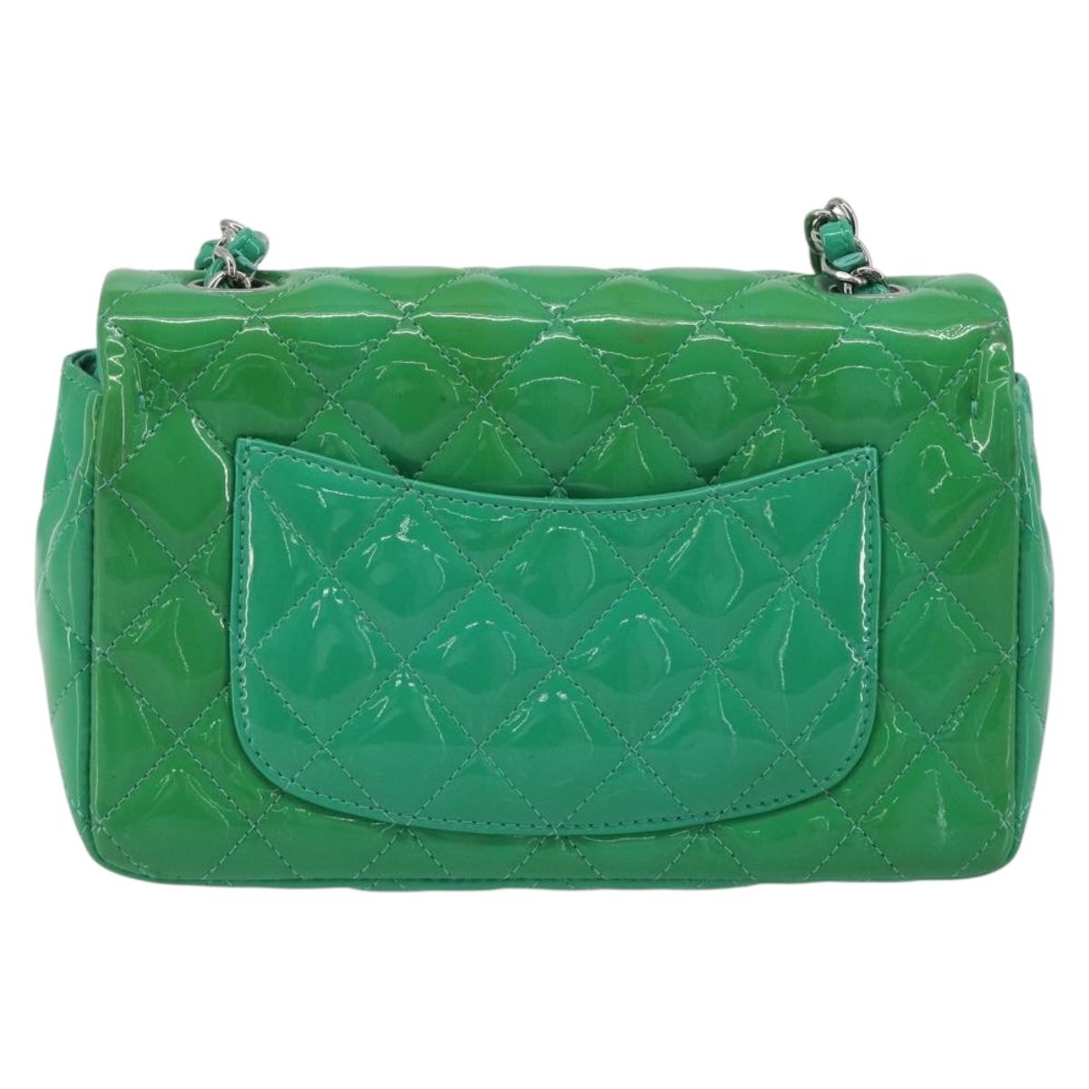 CHANEL Chain Matelasse 20 Bag Patent Leather Green Silver CC Auth 193442A