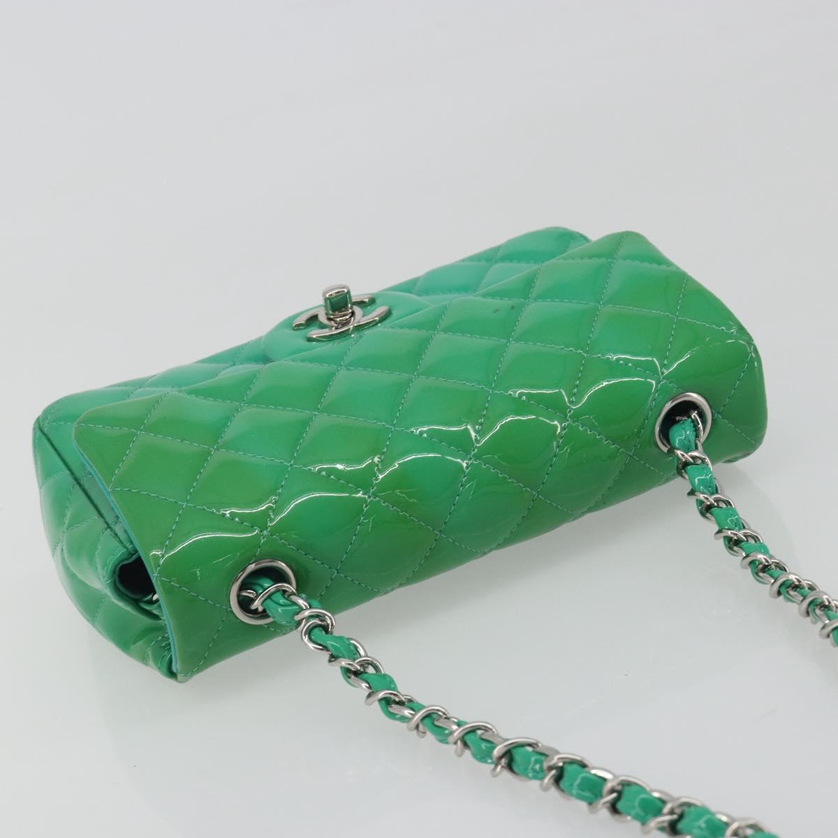 CHANEL Chain Matelasse 20 Bag Patent Leather Green Silver CC Auth 193442A