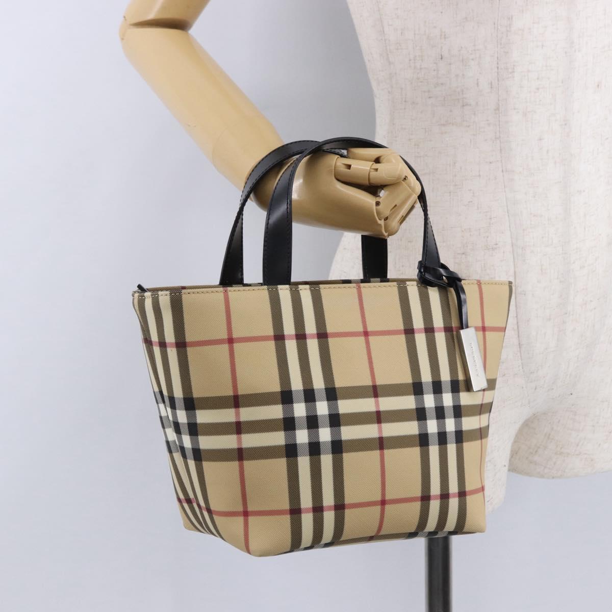 BURBERRY Nova Check Hand Bag PVC Beige Silver Auth 193495V