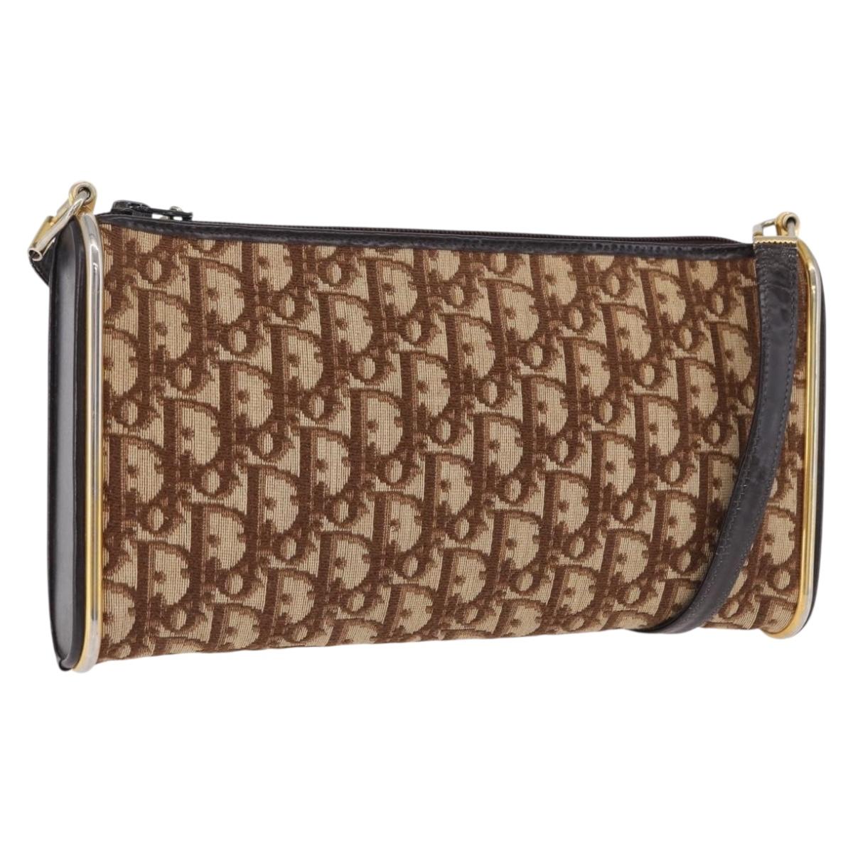 Christian Dior Trotter Canvas Shoulder Bag Beige Gold Auth 193513