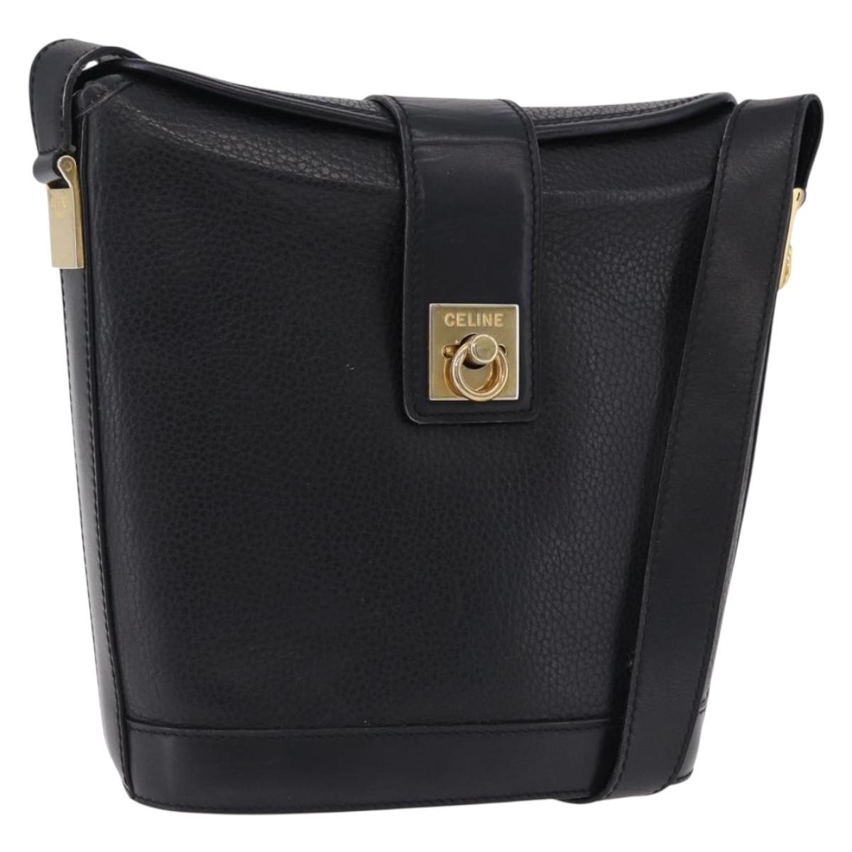 CELINE Shoulder Bag Leather Black Gold Auth 193528