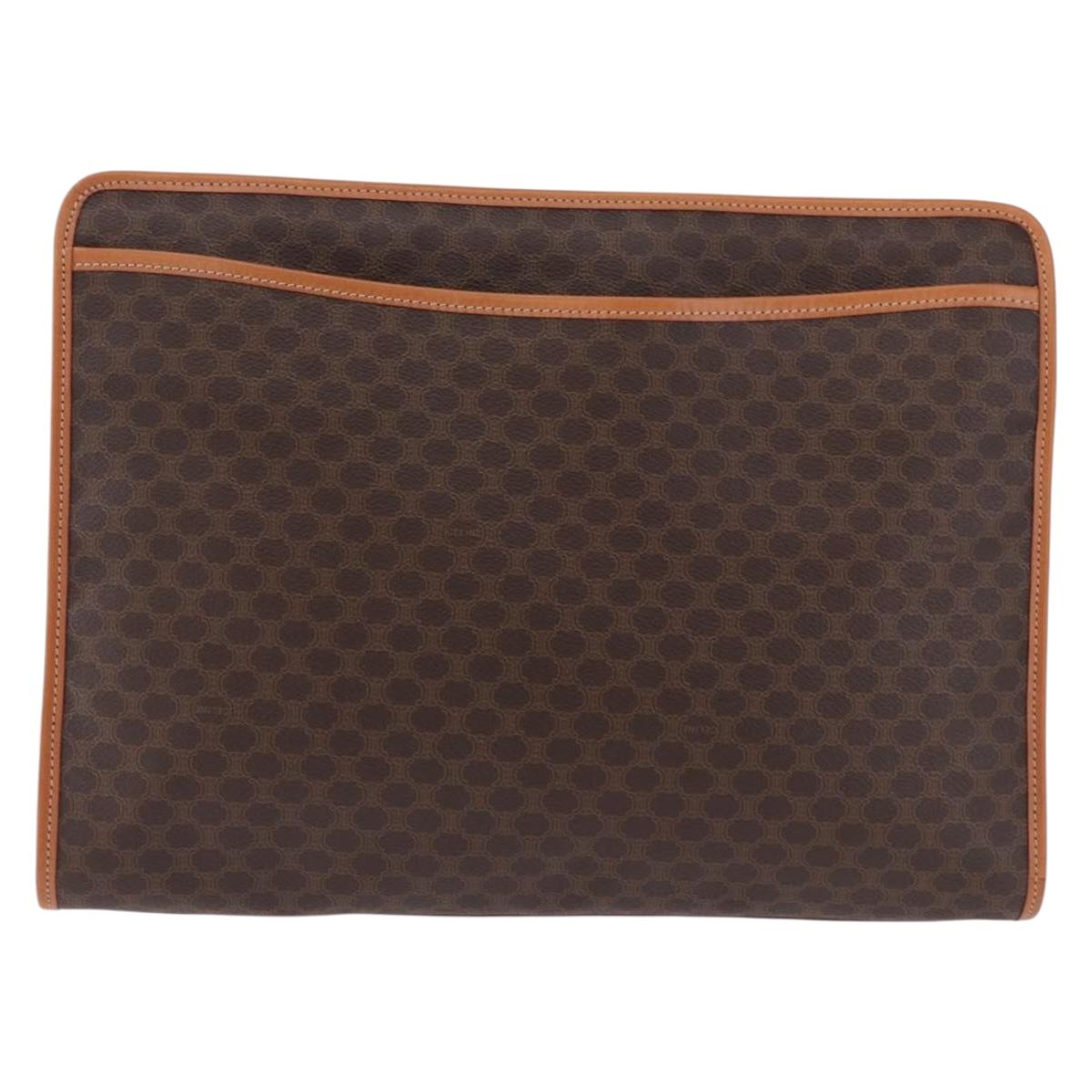 CELINE Macadam Canvas Clutch Bag PVC Leather Brown Gold Auth 193540V