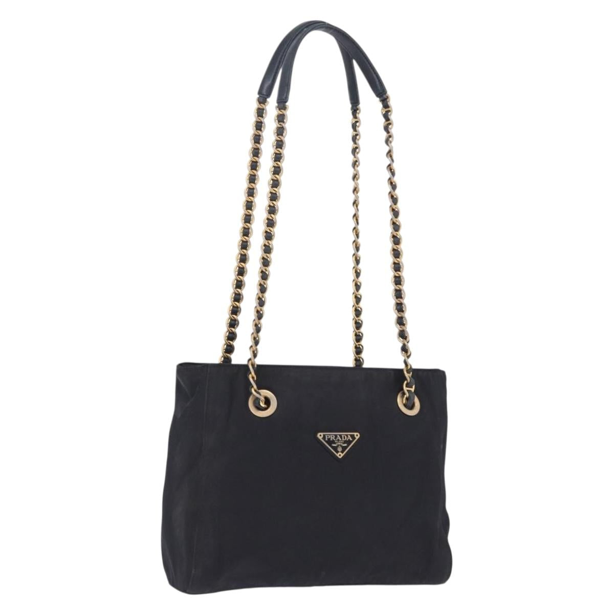 PRADA Chain Shoulder Tote Bag Nylon Black Gold Auth 193554