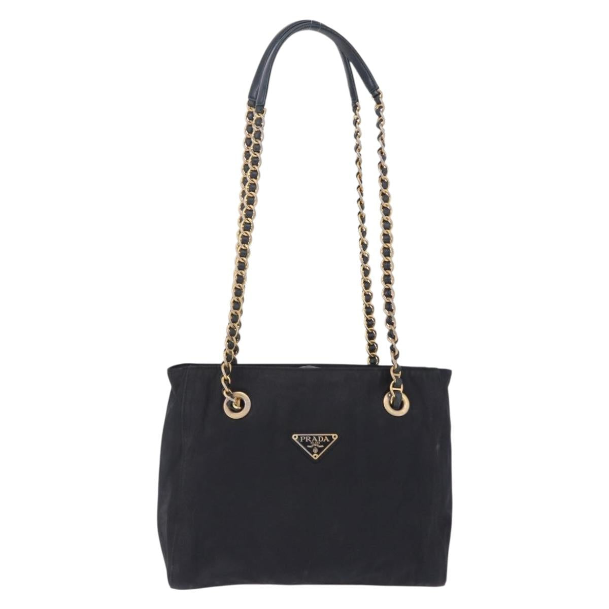 PRADA Chain Shoulder Tote Bag Nylon Black Gold Auth 193554