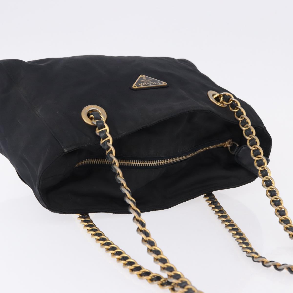 PRADA Chain Shoulder Tote Bag Nylon Black Gold Auth 193554