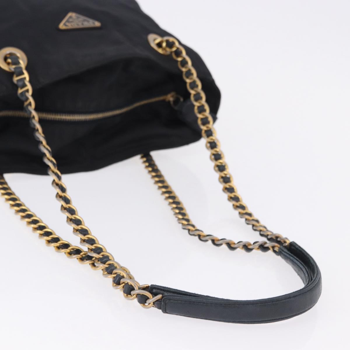 PRADA Chain Shoulder Tote Bag Nylon Black Gold Auth 193554