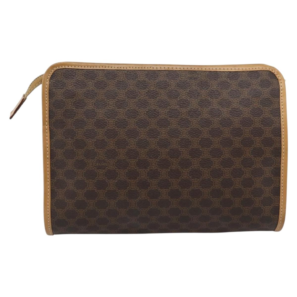 CELINE Macadam Canvas Clutch Bag PVC Leather Brown Gold Auth 193559A