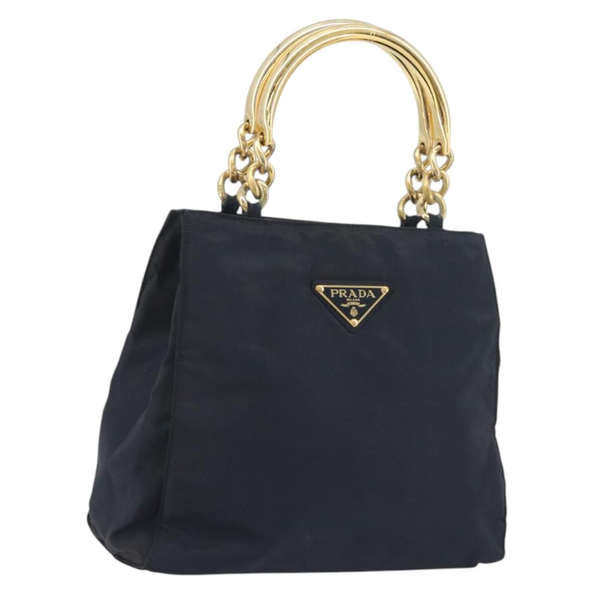 PRADA Chain Hand Bag Nylon Navy Gold Auth 193568A