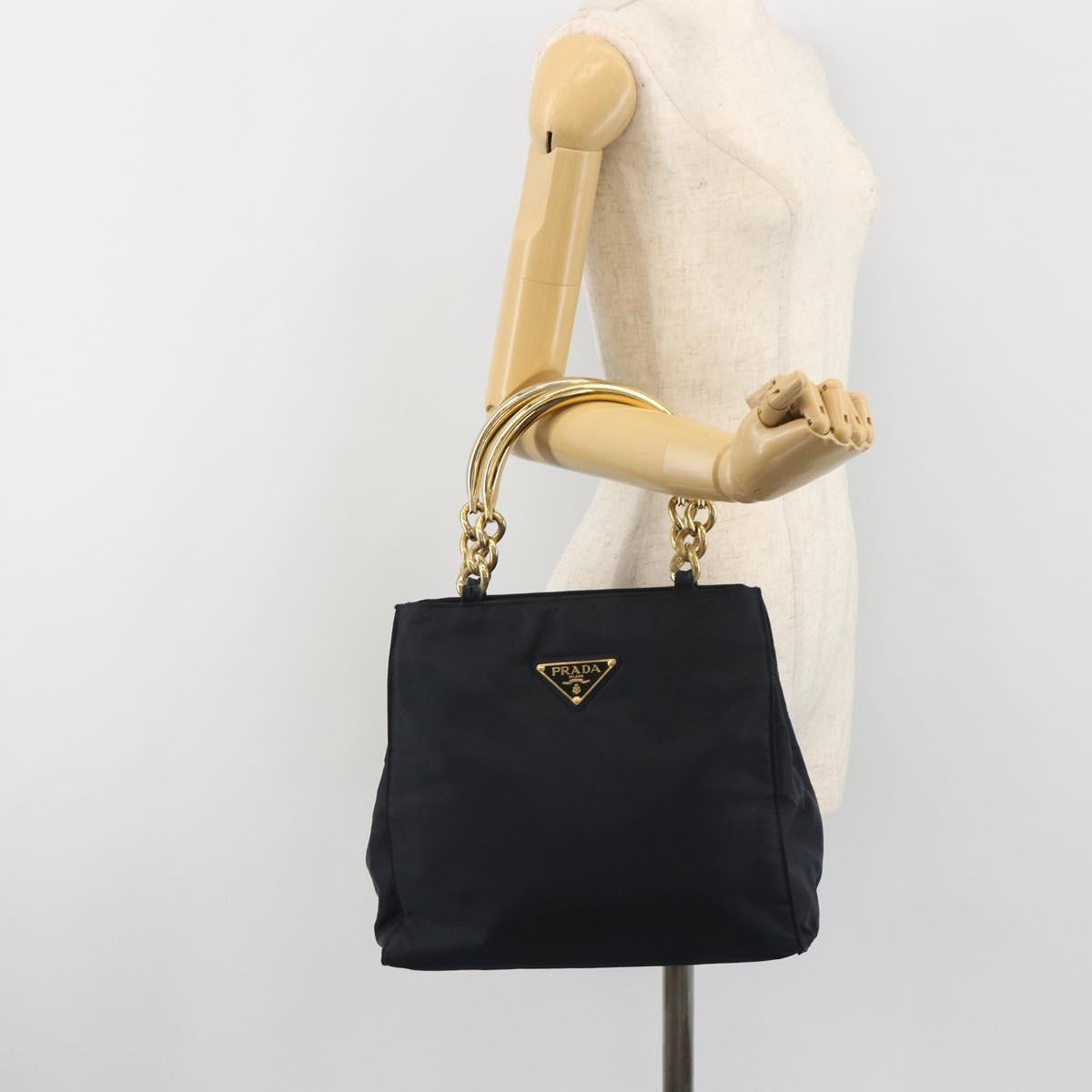 PRADA Chain Hand Bag Nylon Navy Gold Auth 193568A