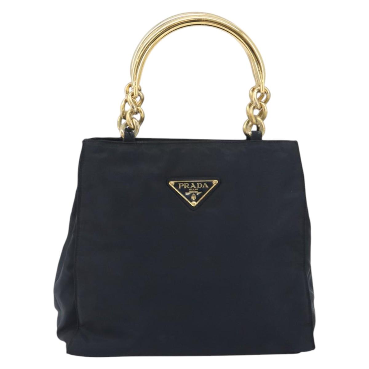 PRADA Chain Hand Bag Nylon Navy Gold Auth 193568A