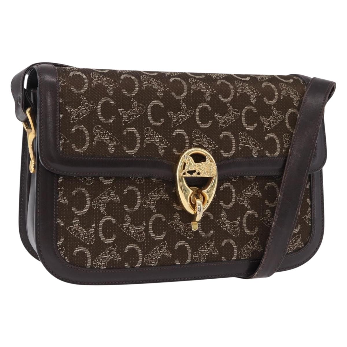 CELINE C Sulky Horse Carriage Shoulder Bag Canvas Brown Gold Auth 193569A