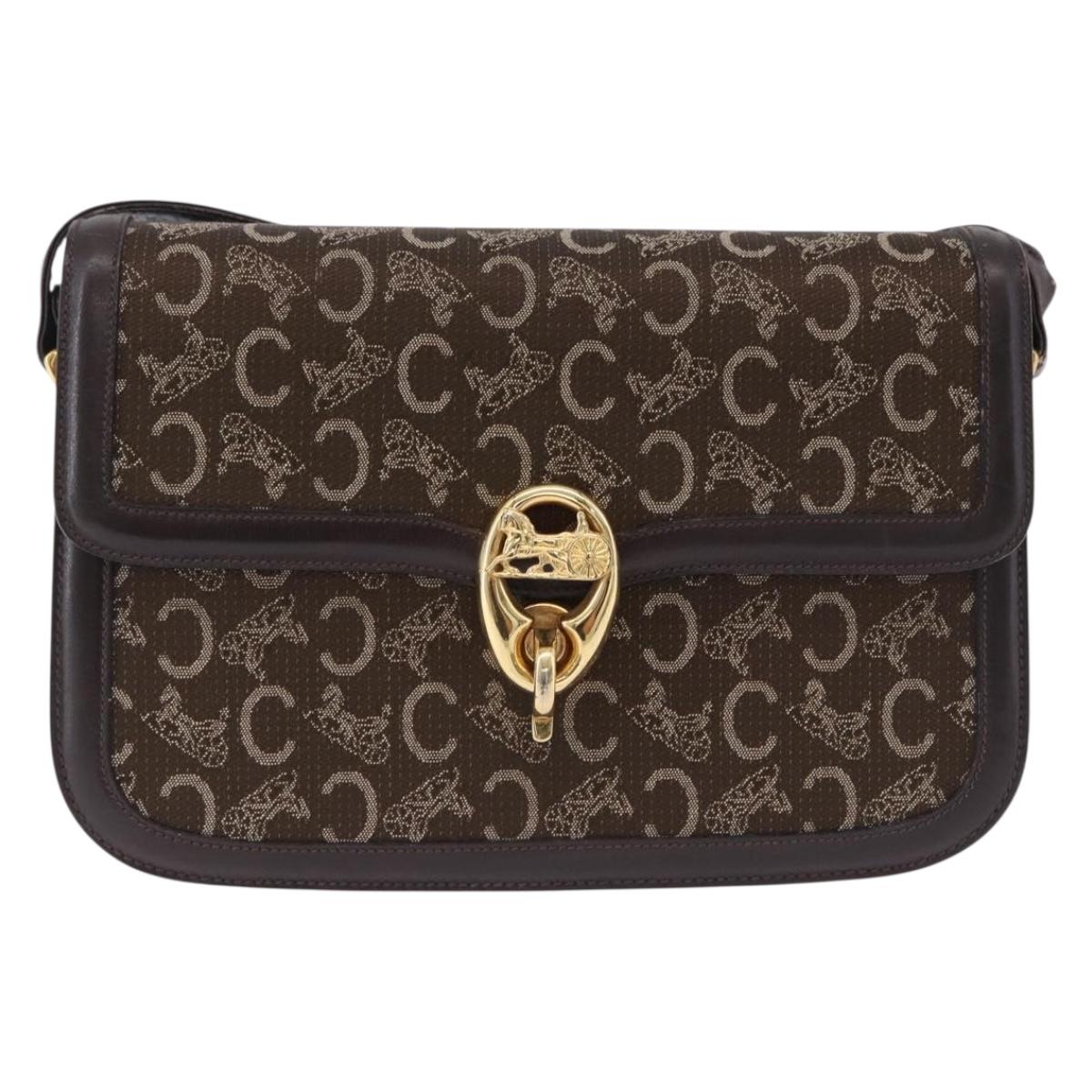 CELINE C Sulky Horse Carriage Shoulder Bag Canvas Brown Gold Auth 193569A