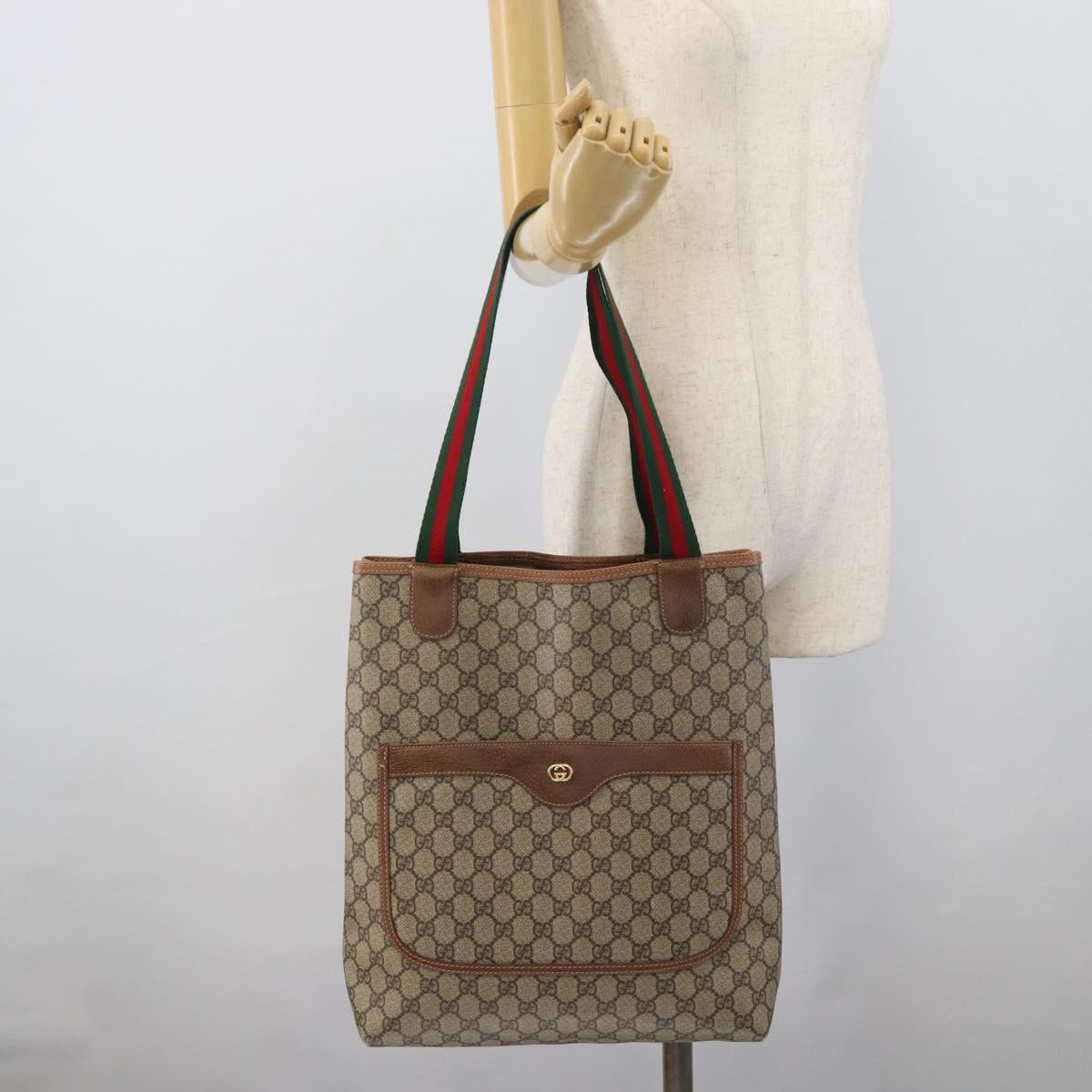 GUCCI GG Supreme Web Sherry Line Tote Bag PVC Beige Gold 002 58 6487 Auth 193572