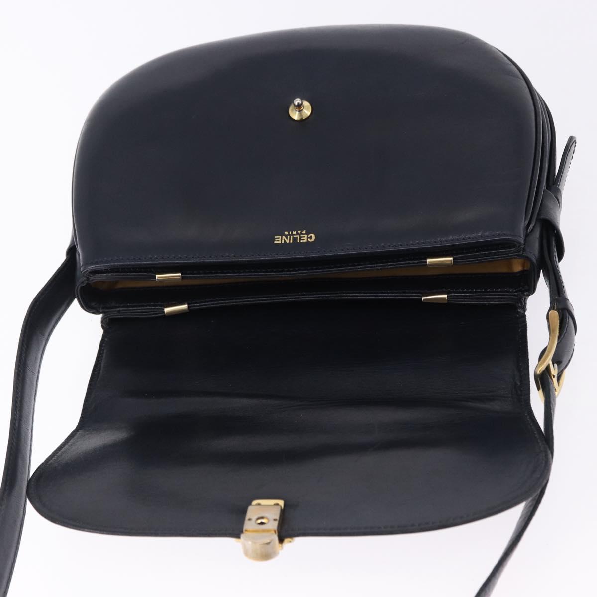 CELINE Shoulder Bag Leather Navy Gold Auth 193580A