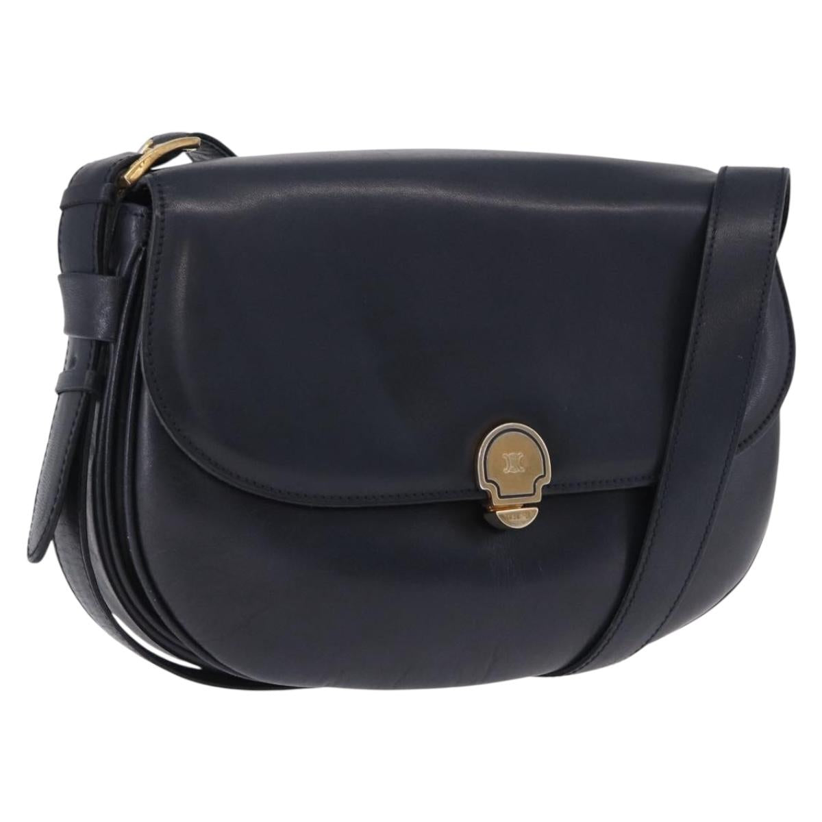 CELINE Shoulder Bag Leather Navy Gold Auth 193580A